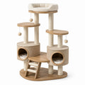 Arbre à chat multiniveau 110 × 55 × 150 cm beige et bois naturel avec 2 niches, panier rembourré et poteaux en sisal