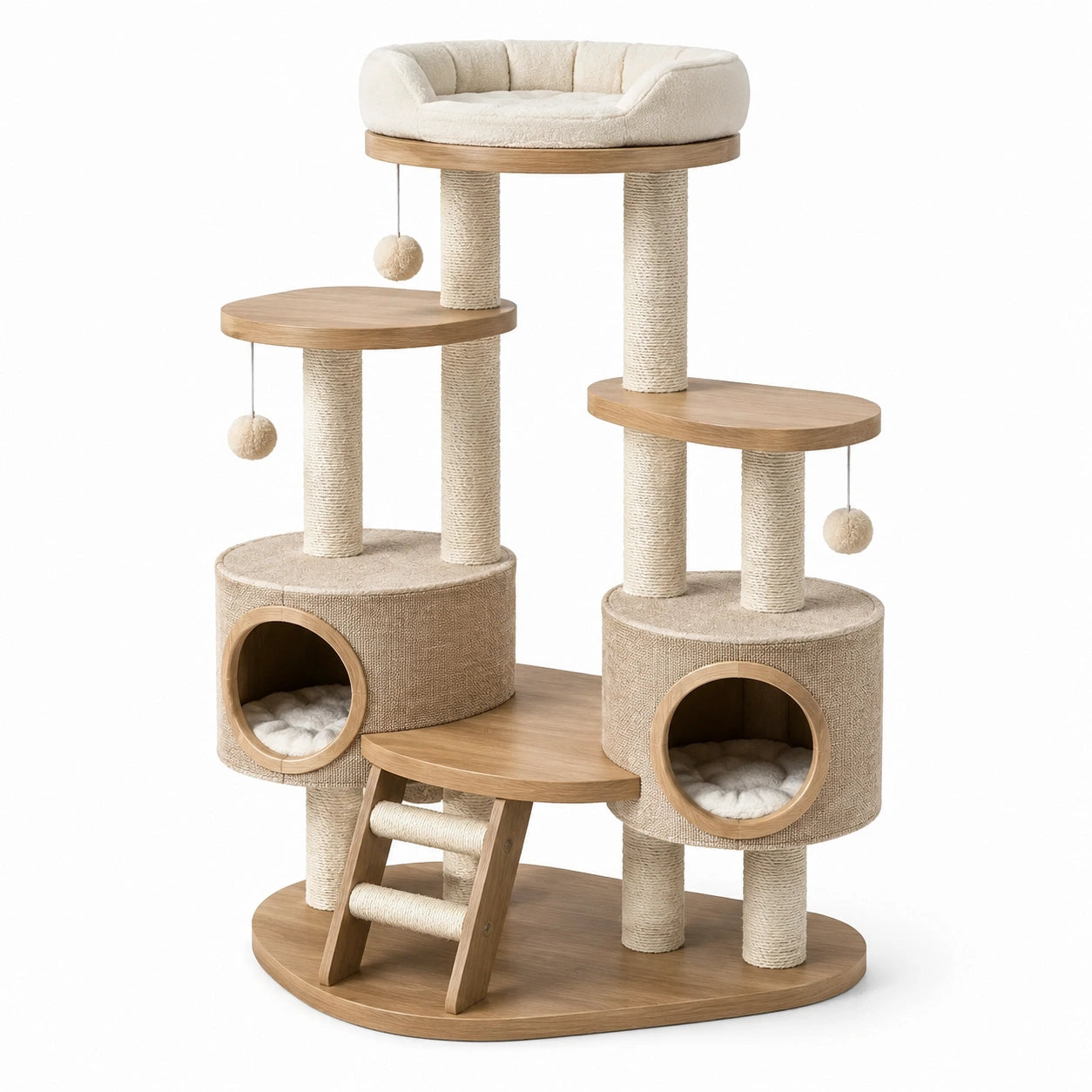 Arbre à chat multiniveau 110 × 55 × 150 cm beige et bois naturel avec 2 niches, panier rembourré et poteaux en sisal