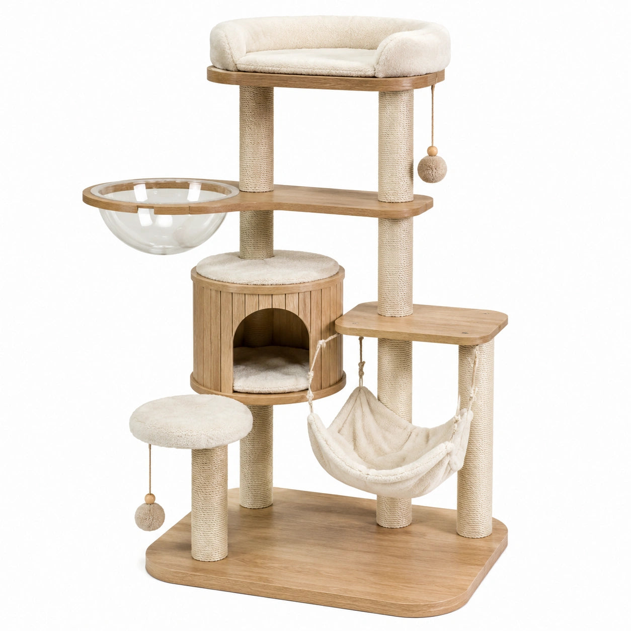 Arbre à chat multifonction avec niche, hamac, vasque transparente et griffoirs, beige et chêne naturel, 100 × 60 × 160 cm