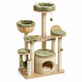 Arbre à chat multiniveau en bois, sisal et peluche vert sauge, avec niche et griffoirs, 85 × 60 × 175 cm