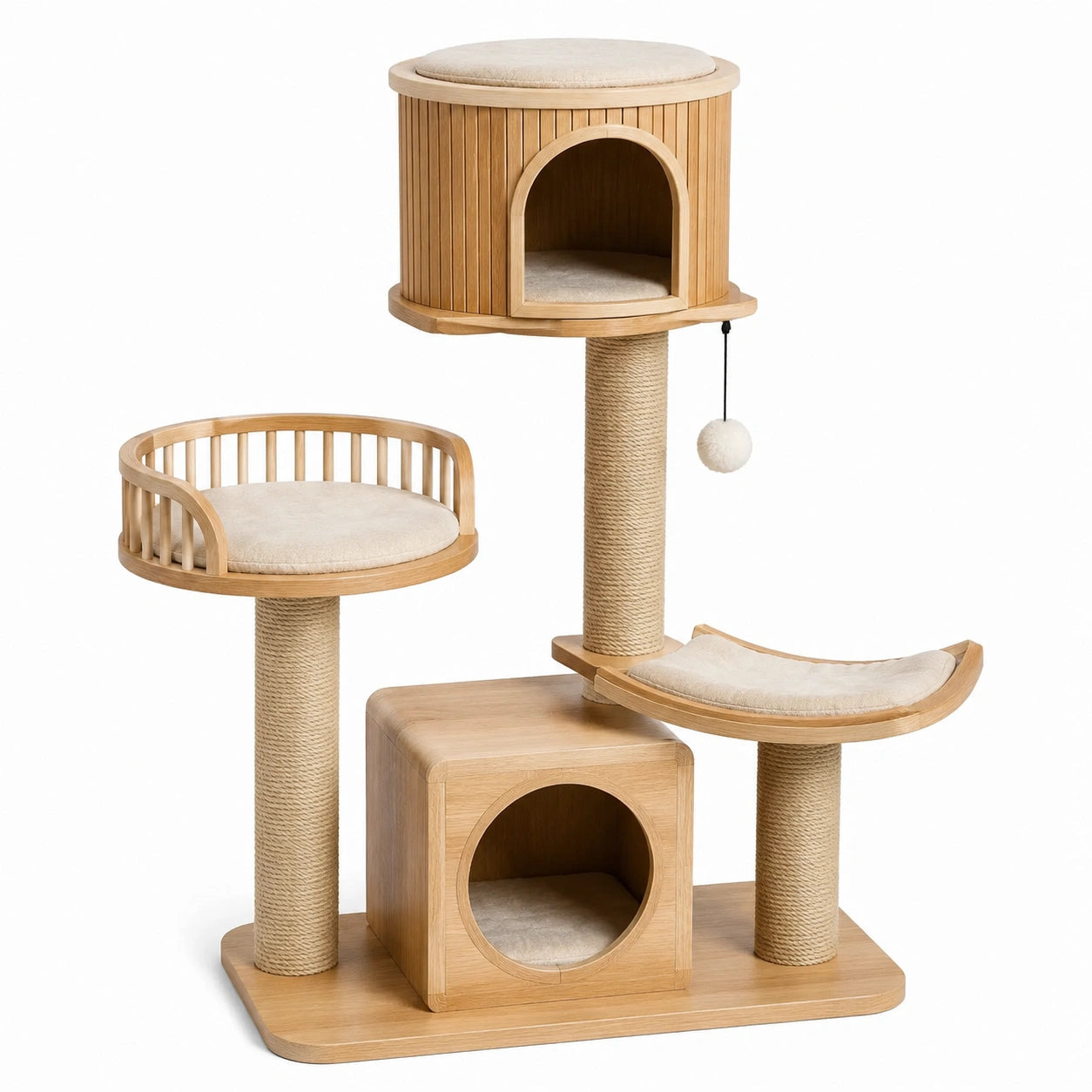 Arbre à chat multiniveaux en bois naturel et sisal beige avec niches et plateformes, 105 × 50 × 145 cm