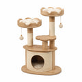 Arbre à chat 90 × 50 × 135 cm effet bois naturel, beige et blanc cassé avec niche, griffoirs et 2 plateformes rembourrées
