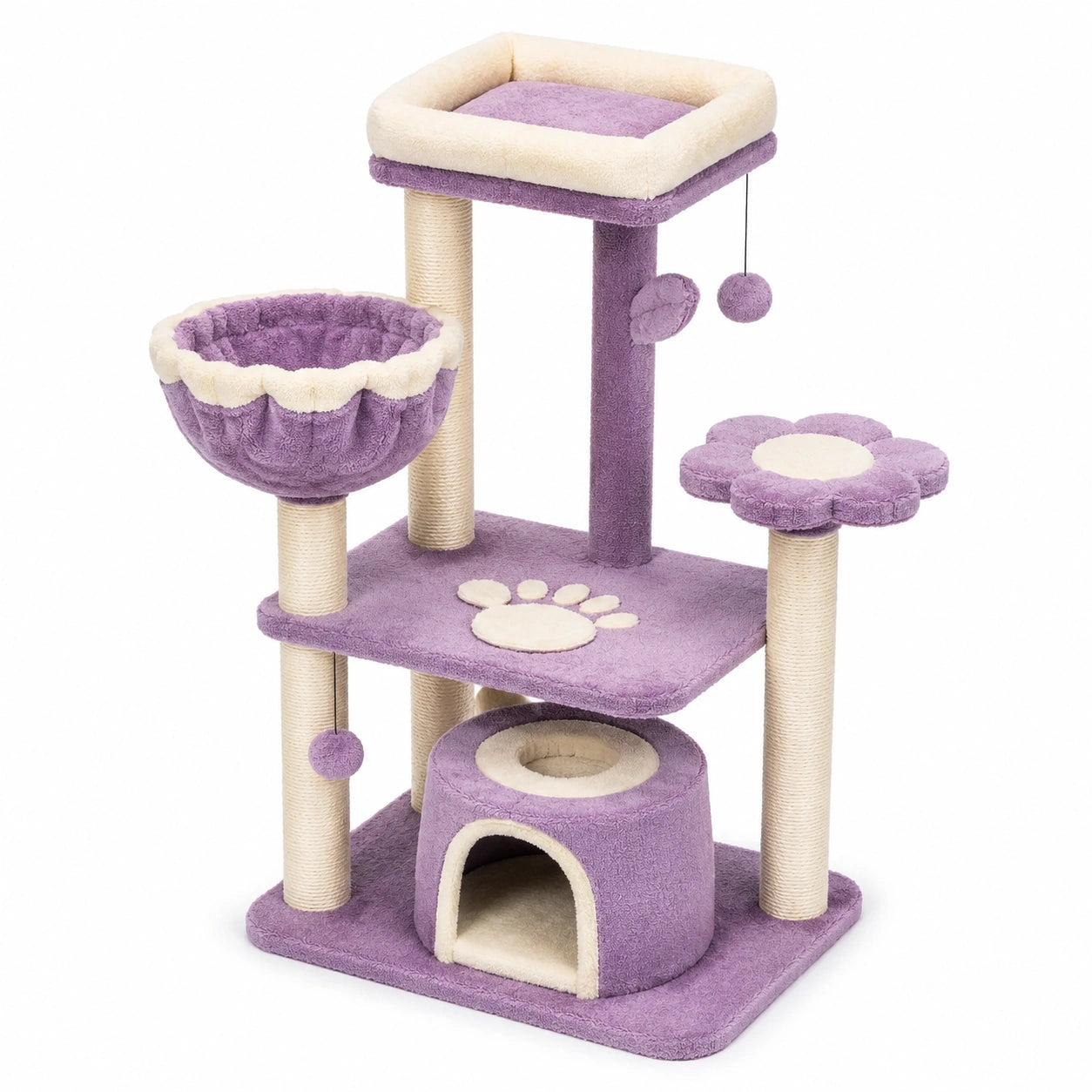 Arbre à chat multiniveaux 60 × 40 × 120 cm violet et crème avec poteaux en sisal, niche et couchages