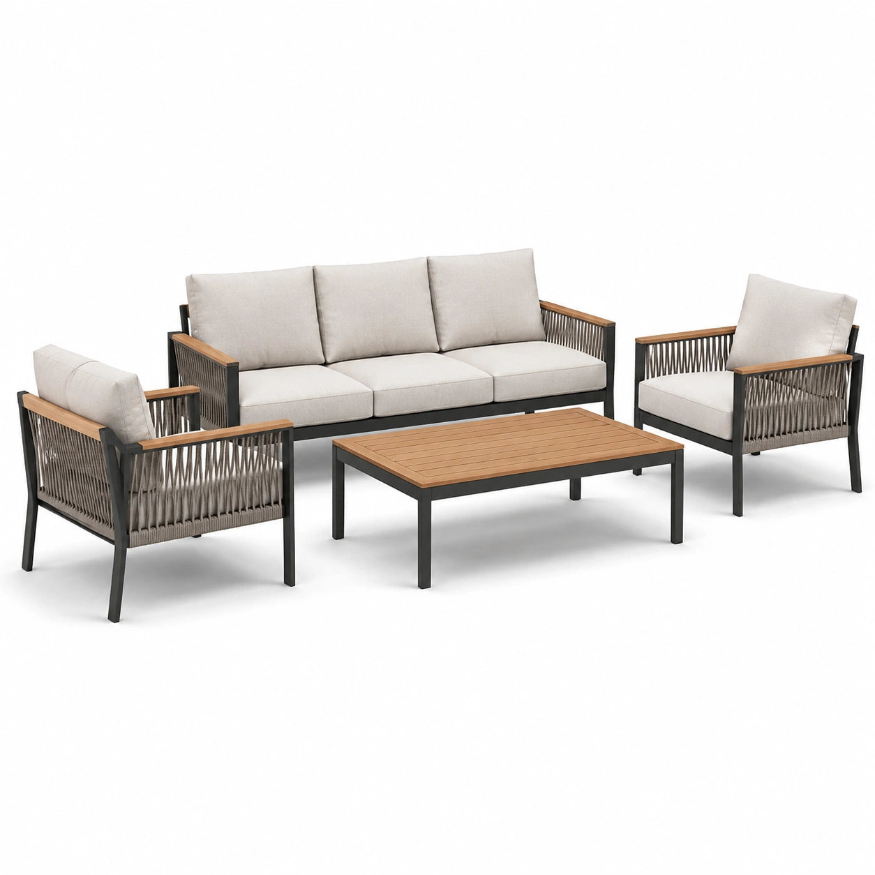 Ensemble de jardin 4 pièces avec canapé 3 places 190 × 76 × 80 cm, 2 fauteuils 72 × 76 × 80 cm et table basse 110 × 60 × 40 cm, beige, noir, brun et taupe