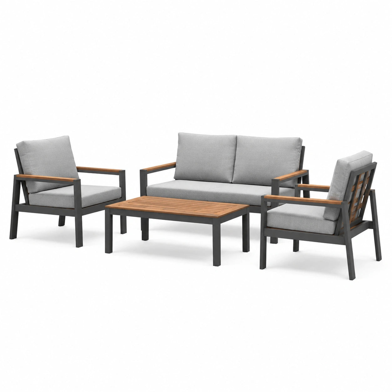 Salon de jardin 4 pièces gris, noir et brun avec canapé 128 × 75 × 77 cm, 2 fauteuils 67 × 75 × 77 cm et table basse 100 × 55 × 40 cm