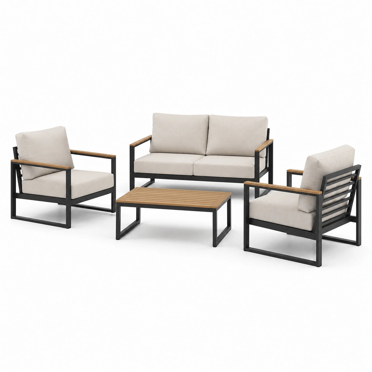 Salon de jardin 4 pièces beige clair, noir et brun – Canapé 132 × 74 × 80 cm, fauteuils 68 × 74 × 78 cm et table 100 × 55 × 40 cm