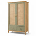 Armoire vert olive et chêne naturel avec 2 portes cannées et 2 tiroirs, 100 × 50 × 180 cm