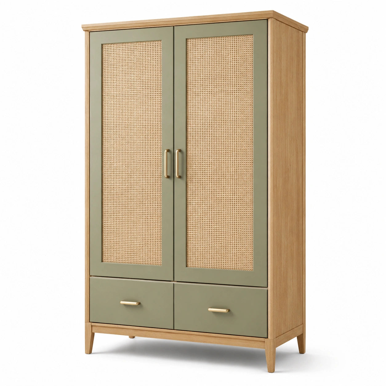 Armoire vert olive et chêne naturel avec 2 portes cannées et 2 tiroirs, 100 × 50 × 180 cm