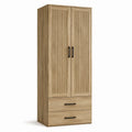 Armoire à 2 portes rainurées et 2 tiroirs, effet chêne naturel et noir, 80 × 50 × 190 cm
