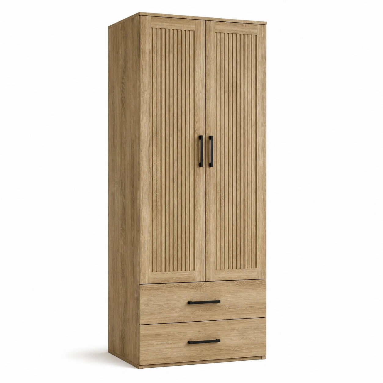 Armoire à 2 portes rainurées et 2 tiroirs, effet chêne naturel et noir, 80 × 50 × 190 cm