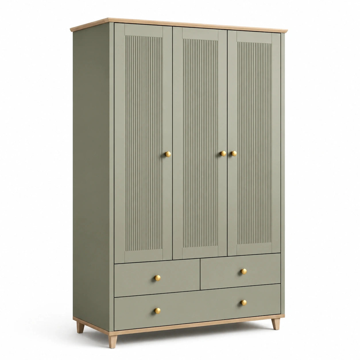 Armoire vert sauge en bois 120 × 50 × 190 cm avec 3 portes rainurées et 3 tiroirs