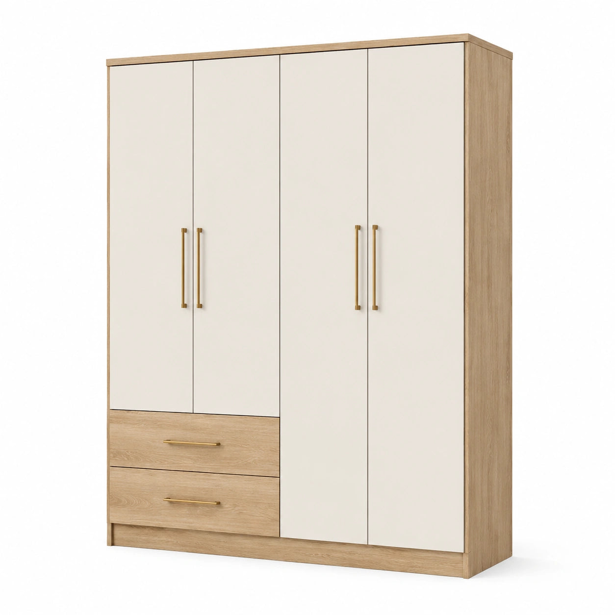 Armoire 4 portes et 2 tiroirs, 160 × 52 × 200 cm, blanc cassé et chêne clair, poignées dorées