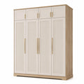 Armoire-penderie 8 portes 200 × 55 × 220 cm, beige et chêne clair, façades rainurées et poignées dorées