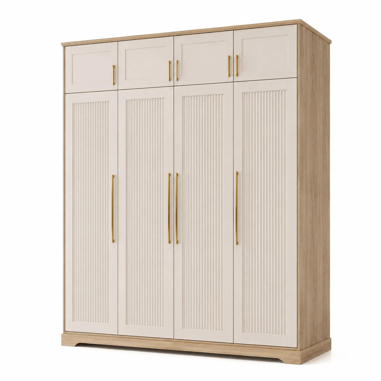 Armoire-penderie 8 portes 200 × 55 × 220 cm, beige et chêne clair, façades rainurées et poignées dorées