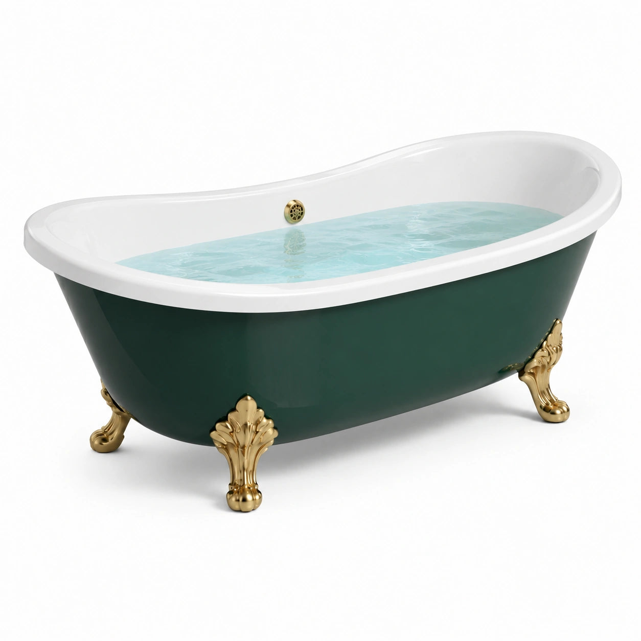 Baignoire îlot rétro en acrylique vert foncé avec pieds dorés, 170 × 75 × 75 cm