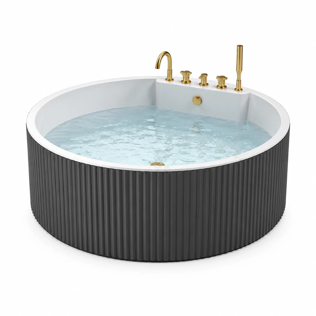 Baignoire îlot ronde en acrylique noir et blanc avec robinetterie dorée, 150 × 60 cm