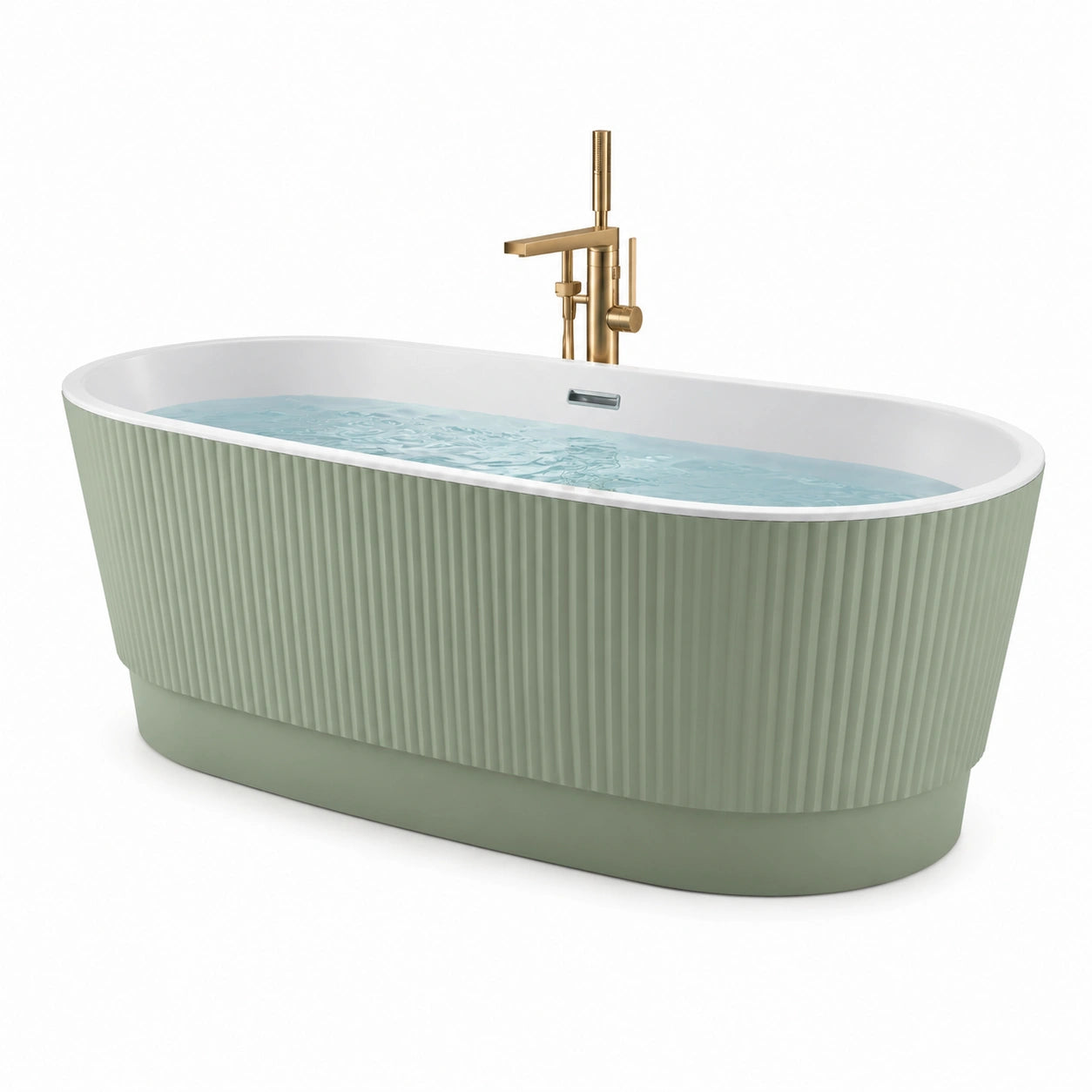 Baignoire îlot ovale en acrylique vert sauge et blanc, finition cannelée contemporaine, 170 × 80 × 58 cm