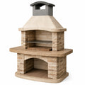 Barbecue de jardin rustique en pierre reconstituée beige, marron et gris anthracite, 120 × 70 × 210 cm, avec cheminée
