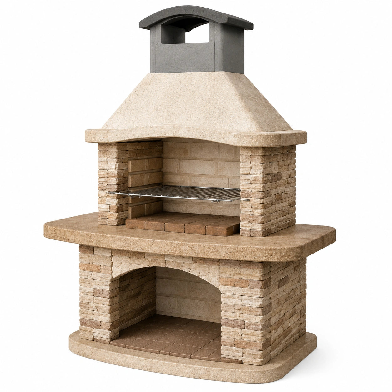Barbecue de jardin rustique en pierre reconstituée beige, marron et gris anthracite, 120 × 70 × 210 cm, avec cheminée