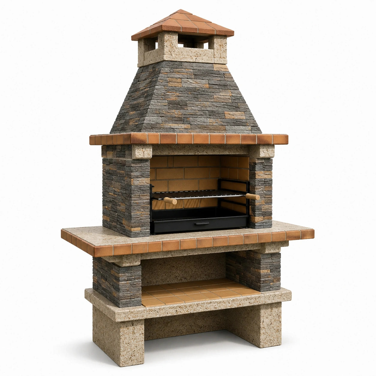 Barbecue de jardin en pierre avec cheminée et grille réglable, gris, beige, terre cuite et noir, 120 × 70 × 220 cm