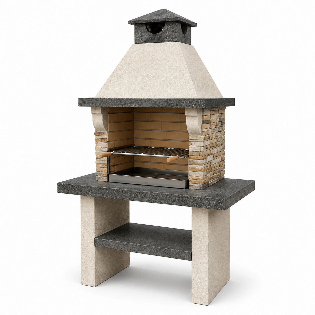 Barbecue de jardin en maçonnerie beige, gris et terre cuite 110 × 65 × 210 cm avec hotte et grille réglable