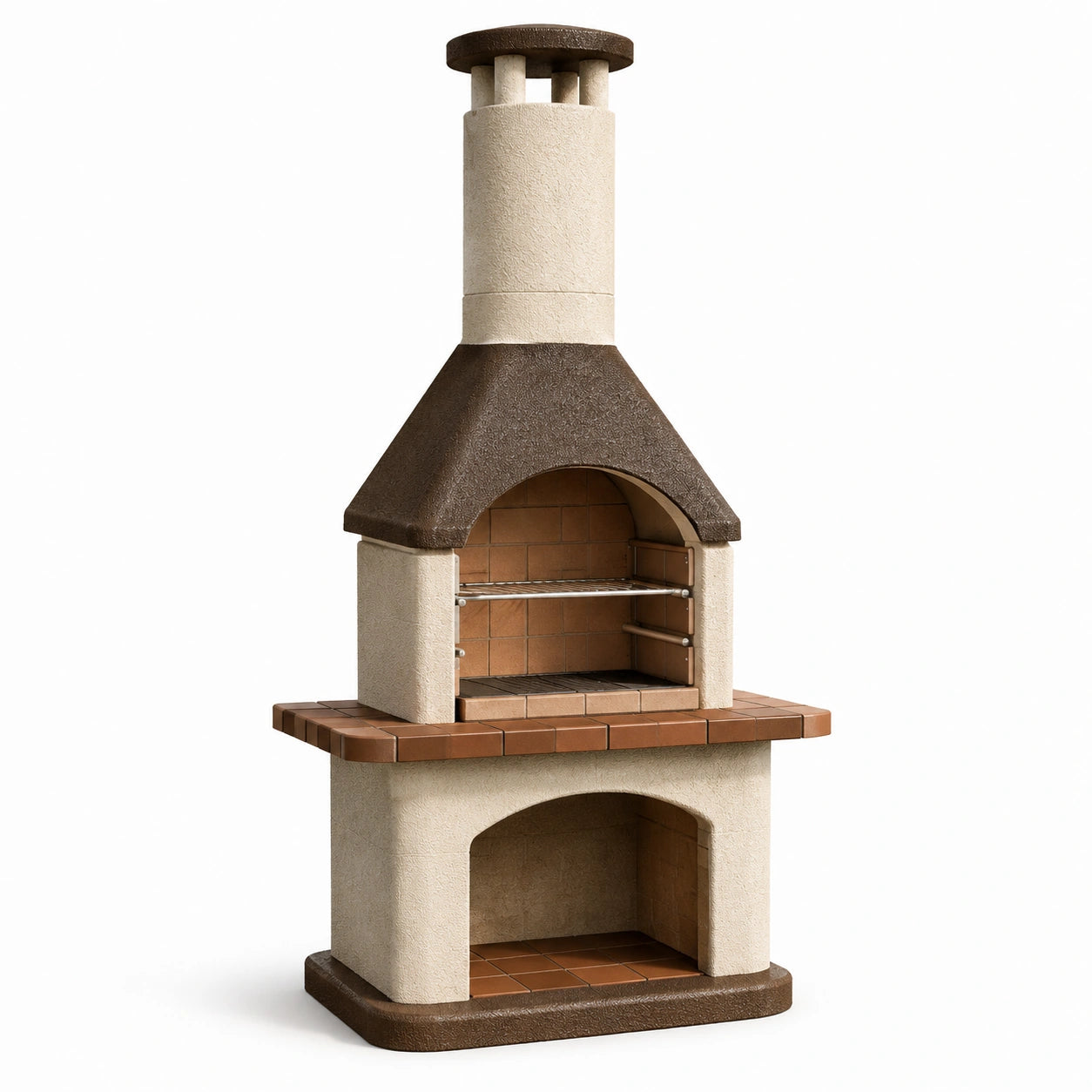 Barbecue fixe d’extérieur en béton et briques 110 × 65 × 220 cm, beige, marron et terre cuite, avec cheminée et niche de rangement