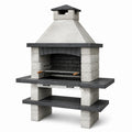 Barbecue fixe de jardin en béton et acier gris clair, anthracite et noir, 160 × 60 × 210 cm, avec cheminée et plans de travail