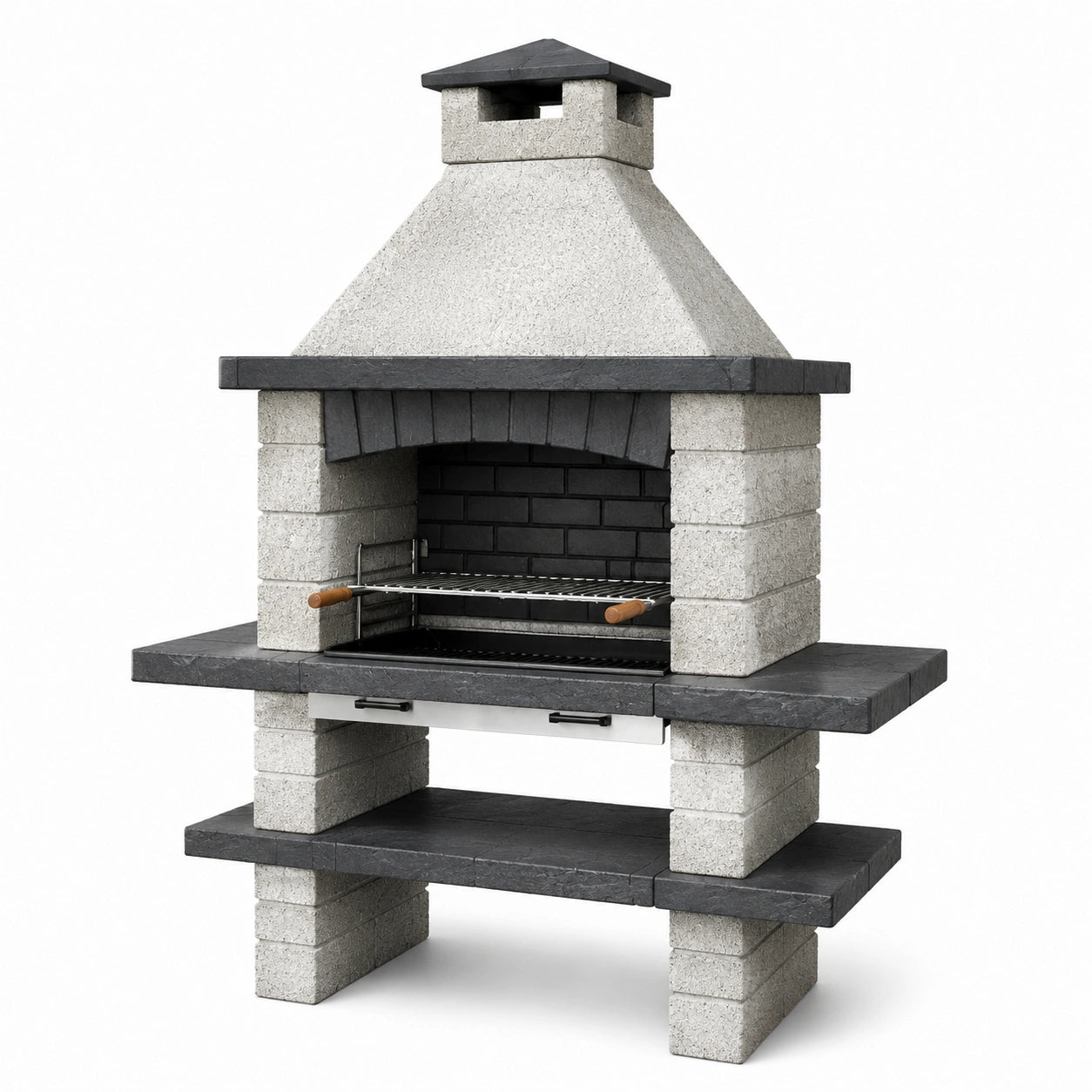 Barbecue fixe de jardin en béton et acier gris clair, anthracite et noir, 160 × 60 × 210 cm, avec cheminée et plans de travail