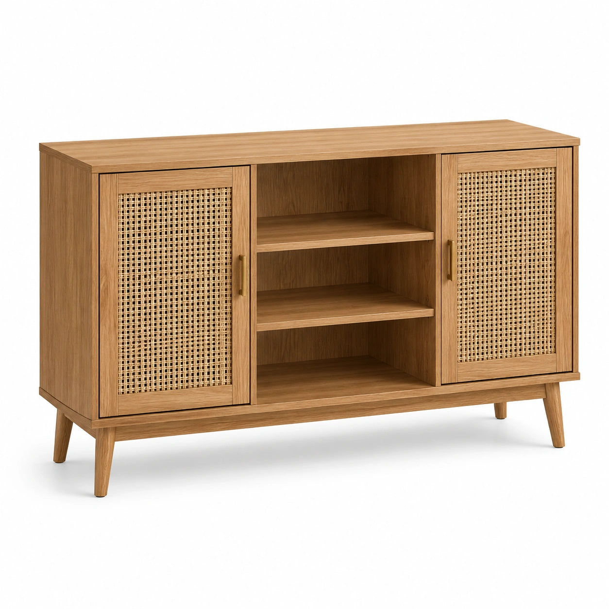 Buffet scandinave effet chêne naturel et cannage en rotin beige, 2 portes, 3 niches, 140 × 40 × 80 cm