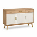 Buffet contemporain à 3 portes et 3 tiroirs, beige, blanc et doré, 140 × 40 × 85 cm