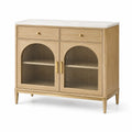 Buffet contemporain en bois clair et verre cannelé, 2 portes et 2 tiroirs, 100 × 40 × 90 cm