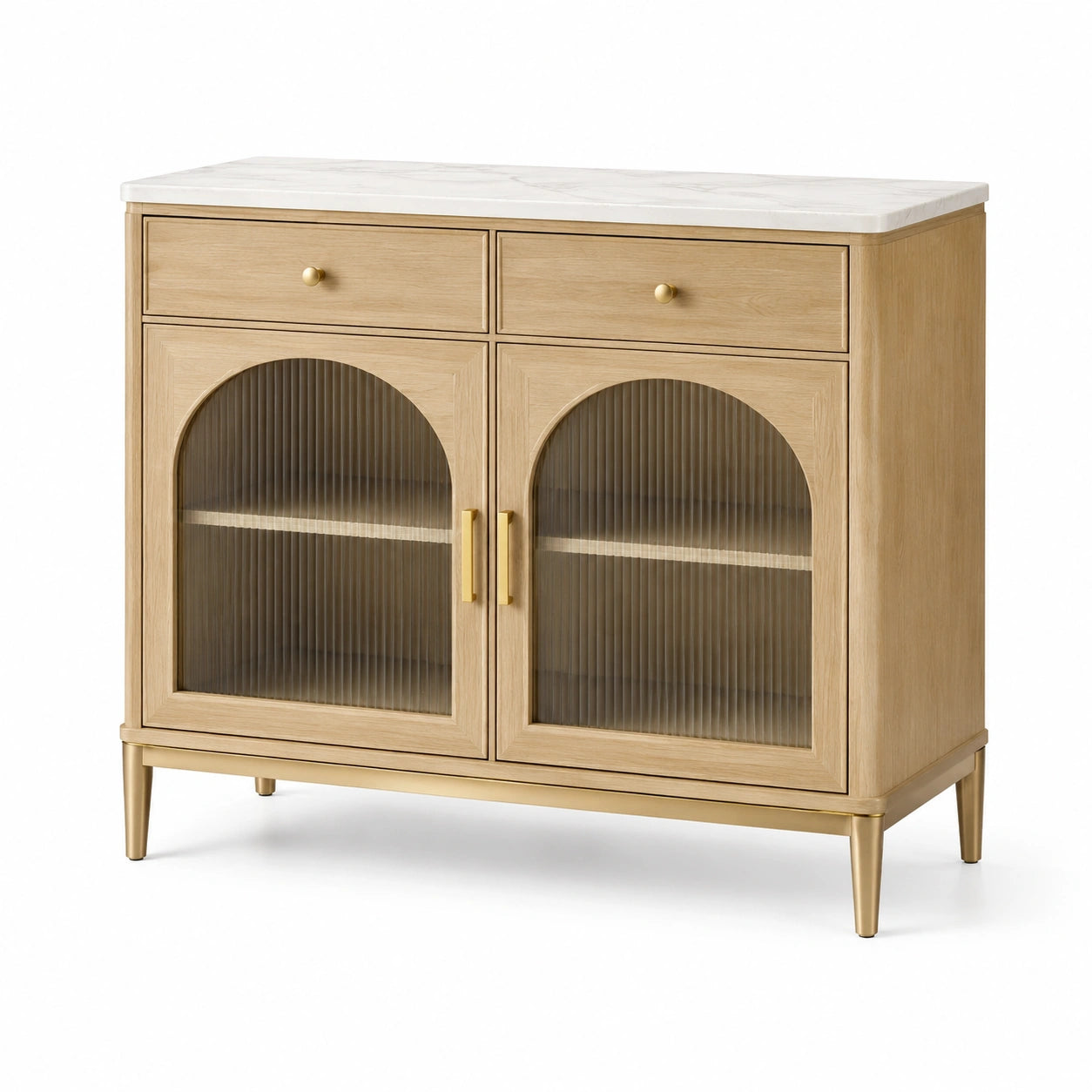 Buffet contemporain en bois clair et verre cannelé, 2 portes et 2 tiroirs, 100 × 40 × 90 cm