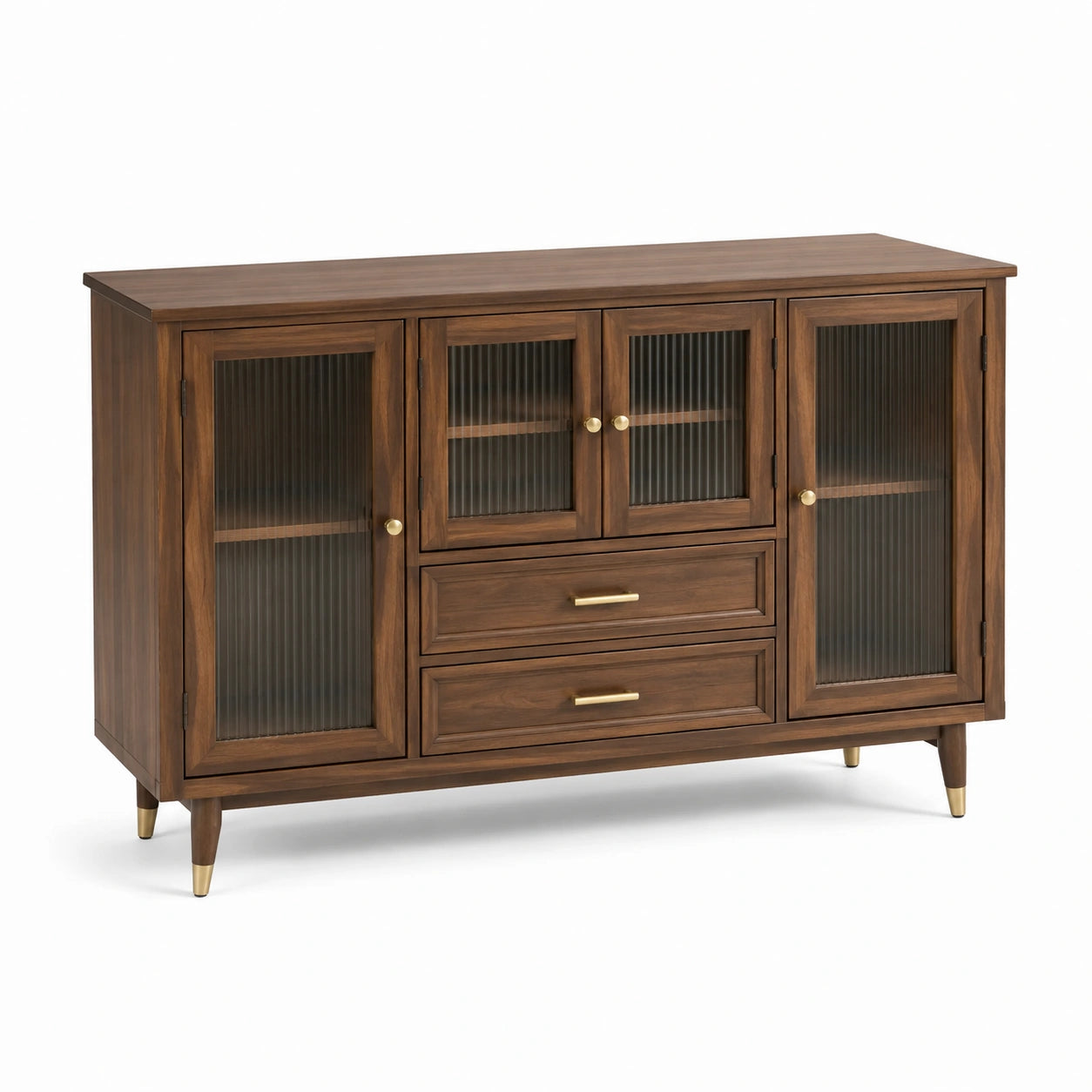 Meuble de rangement rétro en bois brun et verre cannelé noir, détails dorés, 4 portes et 2 tiroirs, 150 × 40 × 90 cm