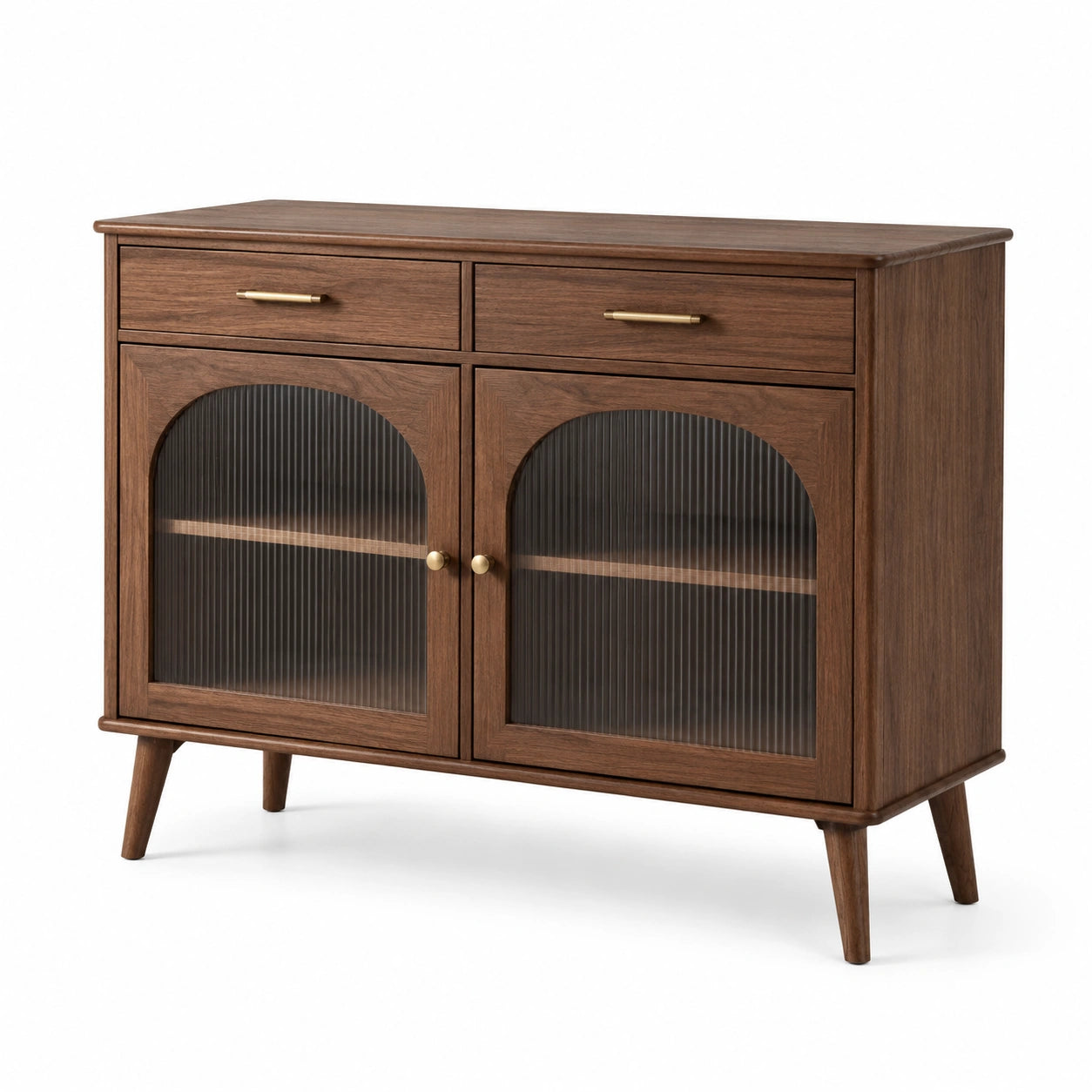 Buffet de rangement vintage marron noyer avec verre cannelé noir et détails dorés, 120 × 40 × 95 cm