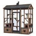 Enclos extérieur pour chats en bois brun et grillage noir, 188 × 102 × 198 cm, avec toit et plateformes