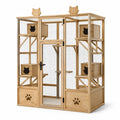 Enclos pour chats en bois naturel avec grillage gris, 4 niches et plateformes, 180 × 120 × 200 cm