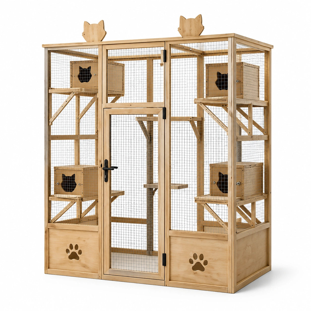 Enclos pour chats en bois naturel avec grillage gris, 4 niches et plateformes, 180 × 120 × 200 cm