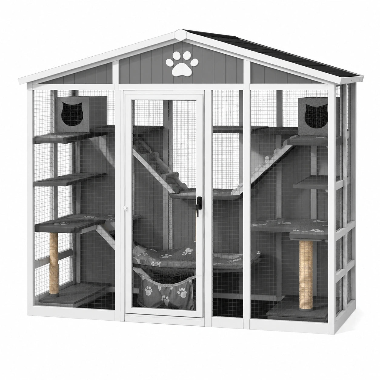 Enclos extérieur pour chats en bois avec toit et grillage, blanc, gris et noir, 200 × 100 × 190 cm