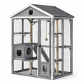 Enclos extérieur pour chat en bois gris, blanc et anthracite, 180 × 120 × 200 cm, avec grillage et plateformes