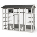 Enclos extérieur pour chats en bois gris et blanc avec grillage métallique, abris et plateformes, 310 × 95 × 210 cm