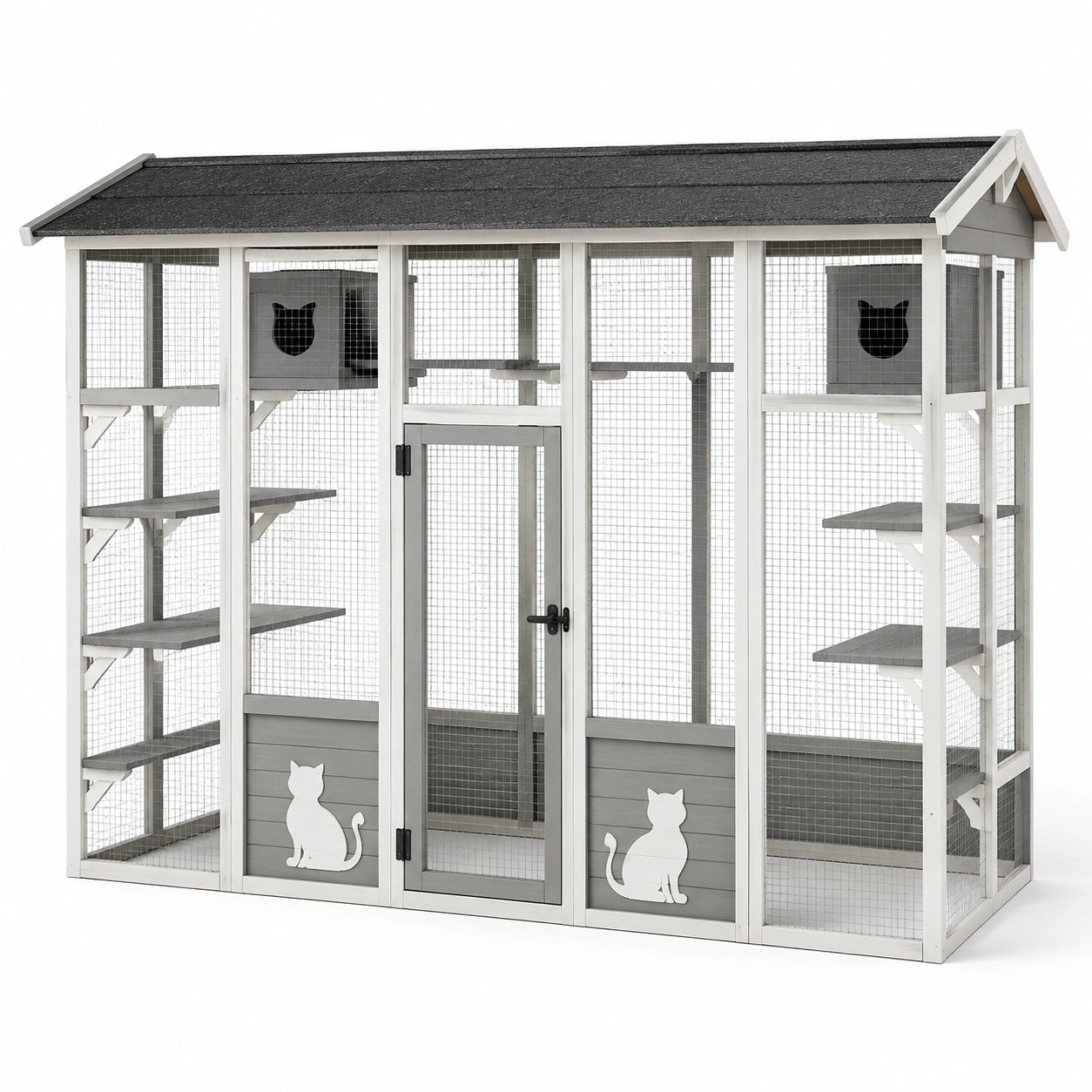 Enclos extérieur pour chats en bois gris et blanc avec grillage métallique, abris et plateformes, 310 × 95 × 210 cm