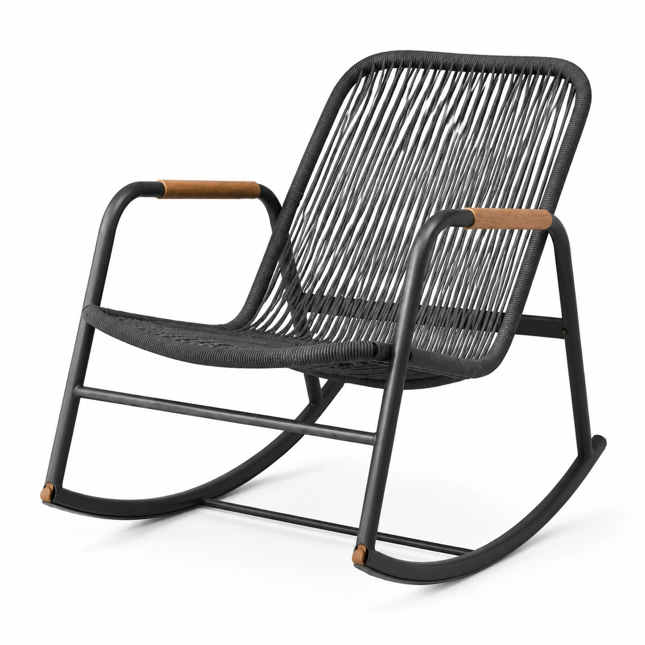 Fauteuil à bascule en métal et corde synthétique noir et marron, 75 × 90 × 95 cm