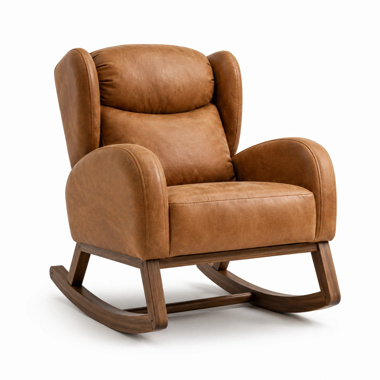 Fauteuil à bascule rembourré 76 × 90 × 100 cm, marron cognac et bois marron foncé, style rétro