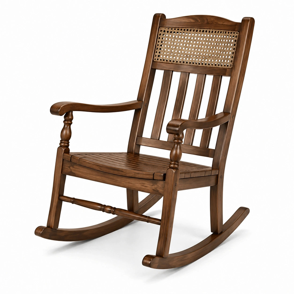 Fauteuil à bascule en bois marron avec cannage naturel et accoudoirs, 68 x 88 x 112 cm