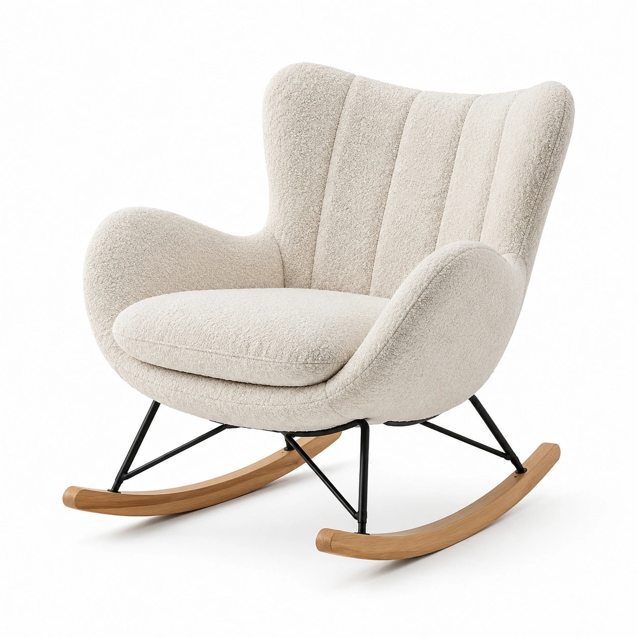 Fauteuil à bascule en tissu bouclé écru 100 × 95 × 95 cm, métal noir et bois naturel