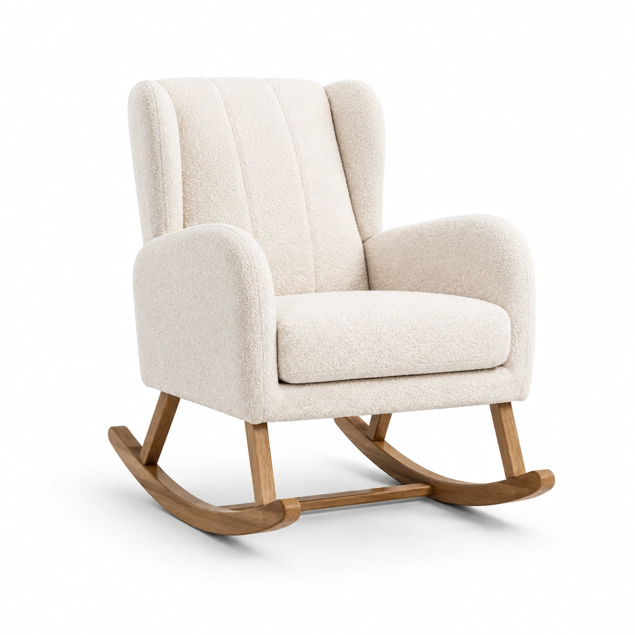 Fauteuil à bascule contemporain en tissu bouclé crème et bois naturel, 75 × 90 × 100 cm