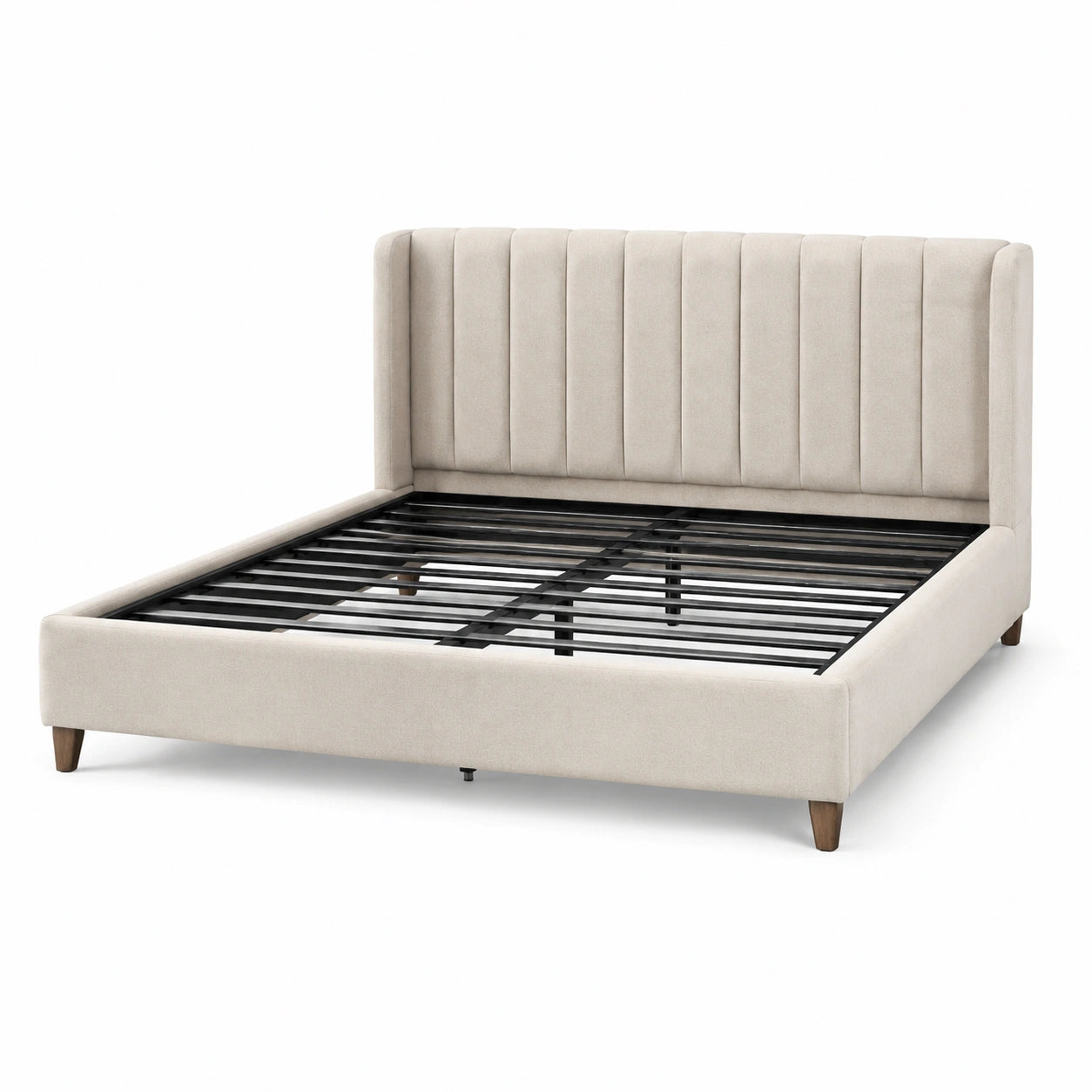 Lit double rembourré beige 218 × 170 × 112 cm pour matelas 160 × 200 cm, tête de lit à canaux verticaux et sommier métallique