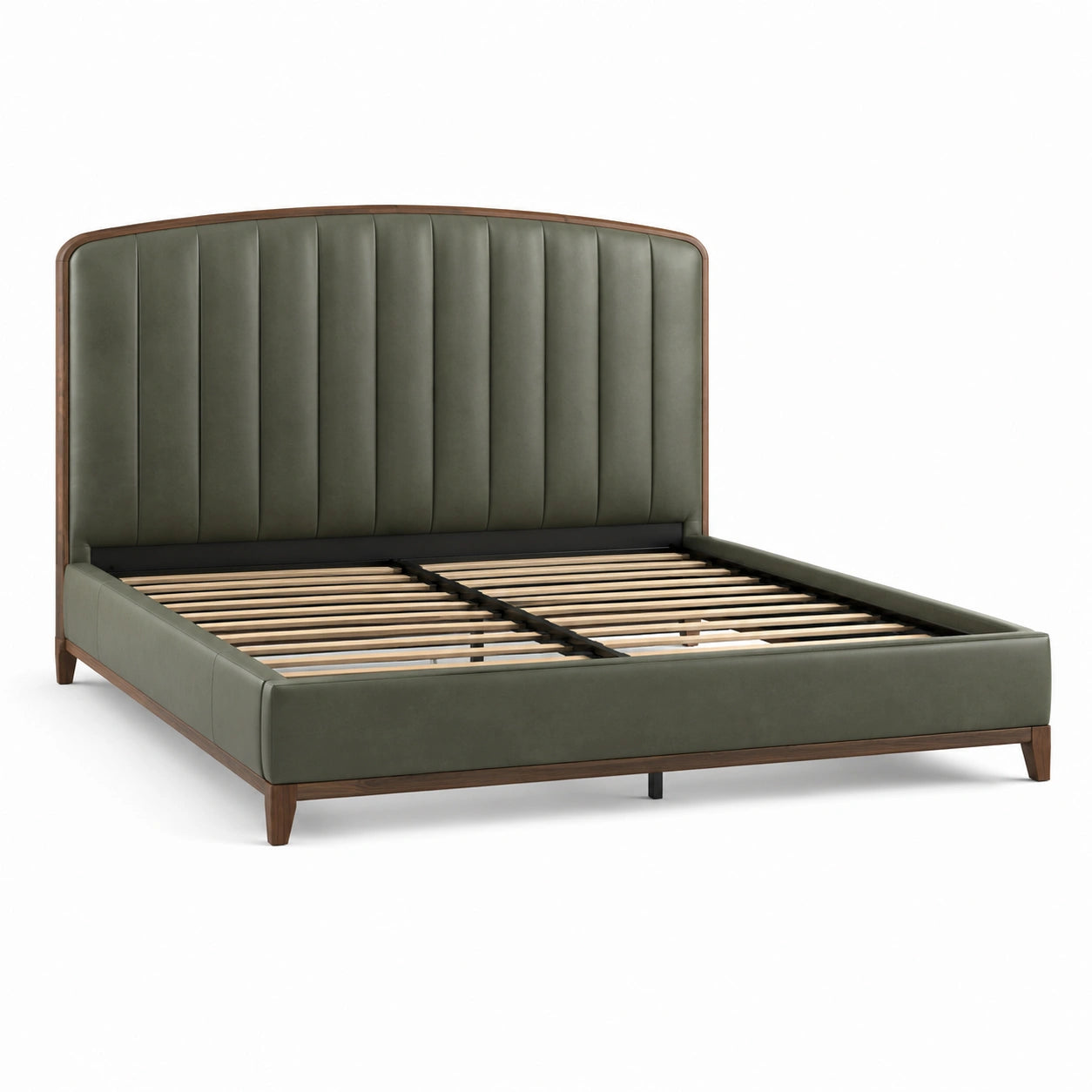 Lit rembourré vert olive et bois brun pour matelas 180 x 200 cm, 218 x 196 x 125 cm