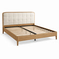 Lit double en bois naturel et tissu écru avec tête de lit matelassée, couchage 160 × 200 cm, dimensions 213 × 169 × 110 cm