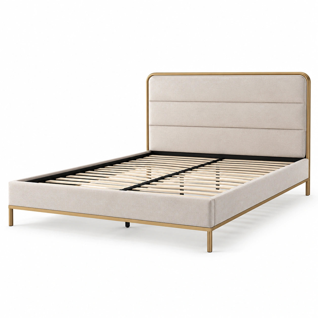 Lit double 160 × 200 cm beige et doré avec tête de lit rembourrée et sommier à lattes